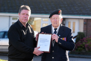 WWII Noway campaign veteran John Fowler with journalist Bjoern Sigurd Larsen, who brought certificate from Nowegan  town mayors. 59 Wygate Rd Spalding