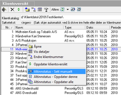 Manuell Alltinn-status i FINALE Årsoppgjør ettes ved å høyreklikke på kunden i klientoversikten