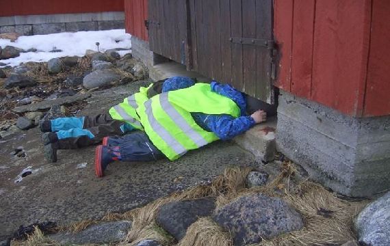 Barn som ligg og ser under døra på eit naust Barn som ligg og ser under døra på eit naust