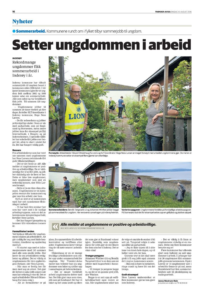 Sommerarbeid for ungdom 2016 Sommerarbeid for ungdom 2016