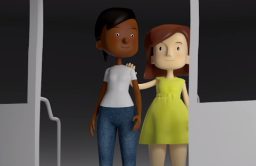 To animerte kvinner. Hun til høyre har grønn kjole og ledsages av mørk kvinne med hvit t-skjorte og dongeribukser.