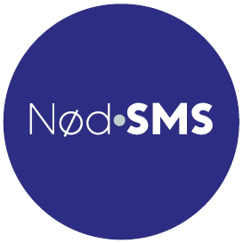 Illustrasjonsbilde av Nød SMS, rund blå bakgrunn med hvit skrift.
