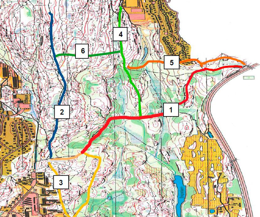 Kart over tursti Ødegården til Åsland med alternative stier