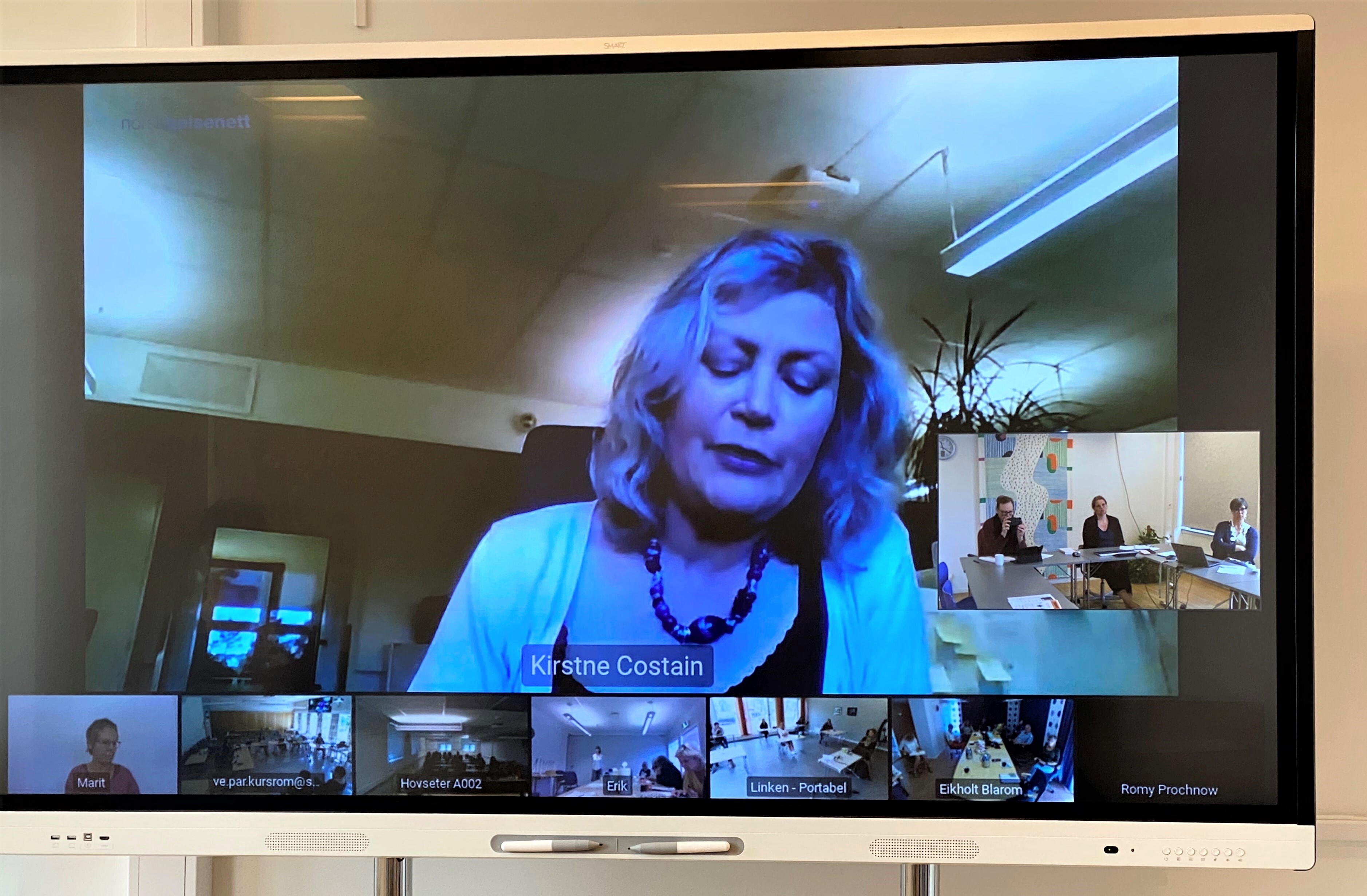 Kvinne på storskjerm, sammen med en rekke andre digitale deltakere i egne vindu på skjermen.