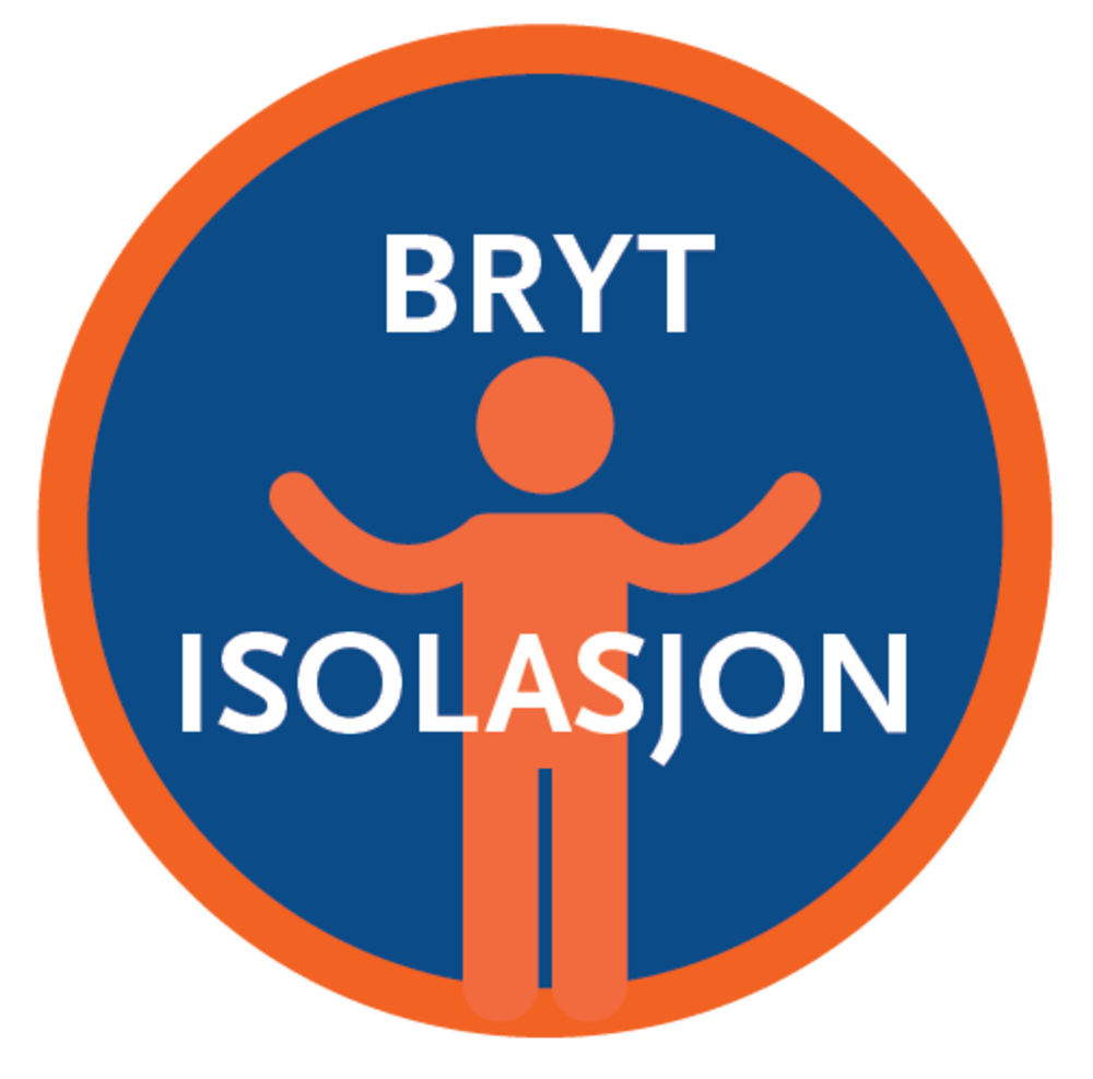 Logo til fokusuke "Bryt isolasjon". Sirkel med person inni, mellom orden "bryt isolasjon". Oransje sirkel med mørkeblå bunn. Person i oransje, bokstaver i hvitt.