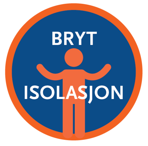 Logo til fokusuke "Bryt isolasjon". Sirkel med person inni, mellom orden "bryt isolasjon". Oransje sirkel med mørkeblå bunn. Person i oransje, bokstaver i hvitt.