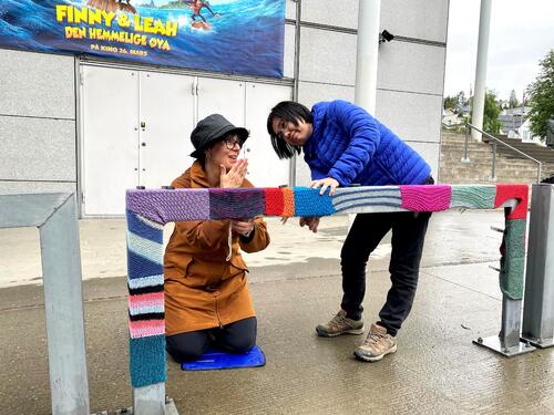 Kampanjearbeid: Administrasjonskonsulent Eva Hirsti og renholder Sun Jie monterer sammensydde strikkelapper på et sykkelstativ ved Tromsø rådhus. Foto: Roy-M. Østerbøl. To kvinner jobber med sette i stand garngraffiti på et metallrekkverk.
