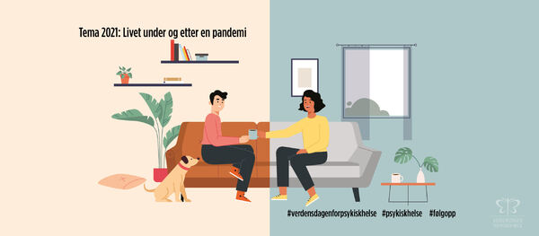 Illustrasjonsbilde for Verdensdagen for psykisk helse 2021: Mann og kvinne i sofa og hund ved dem på gulvet. De kommuniserer fint og drikker kaffe.