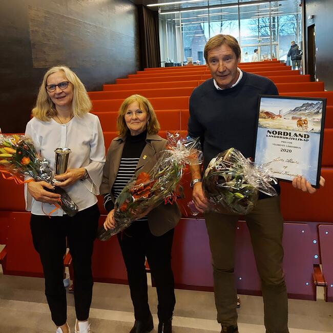 Fra prisutdelingen. F.v.: Lotte Almås, Ann-Christine Theodorsen og Øyvind Knapstad.