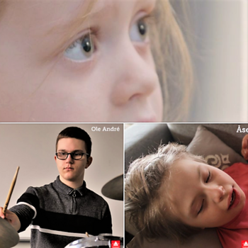 Sammensetning av tre bilder med barn ulike aldre. To små jenter og en større gutt som spiller på trommer.