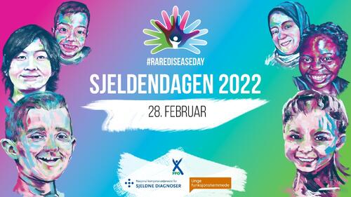 Konferanseillustrasjon av sjeldendagen 2022, seks tegnede ansikter rundt logo, navn og dato.
