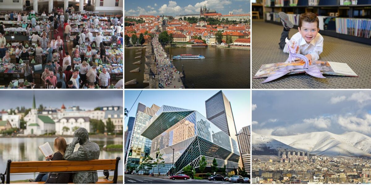 UNESCOs litteraturbyer befinner seg i 32 land verden over. Her ser vi Lillehammers søsterbyer Odessa (Ukraina), Praha (Tsjekkia), Québec (Canada),  Slemani (Irak), Seattle (USA) og Reykjavík (Island) (Her vist med klokka).