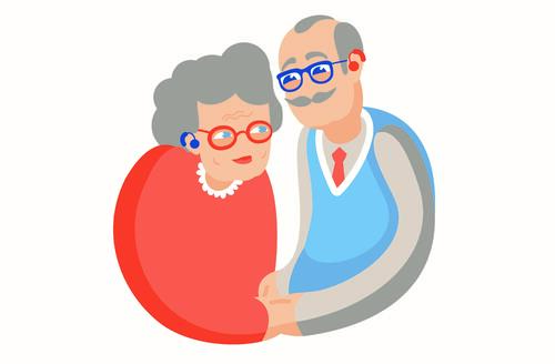 Tegning ev eldre par, kvinne og mann, som holder hverandre i hendene.
