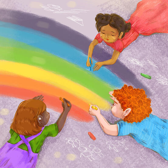 illustrasjon av barn som fargelegger en regnbue