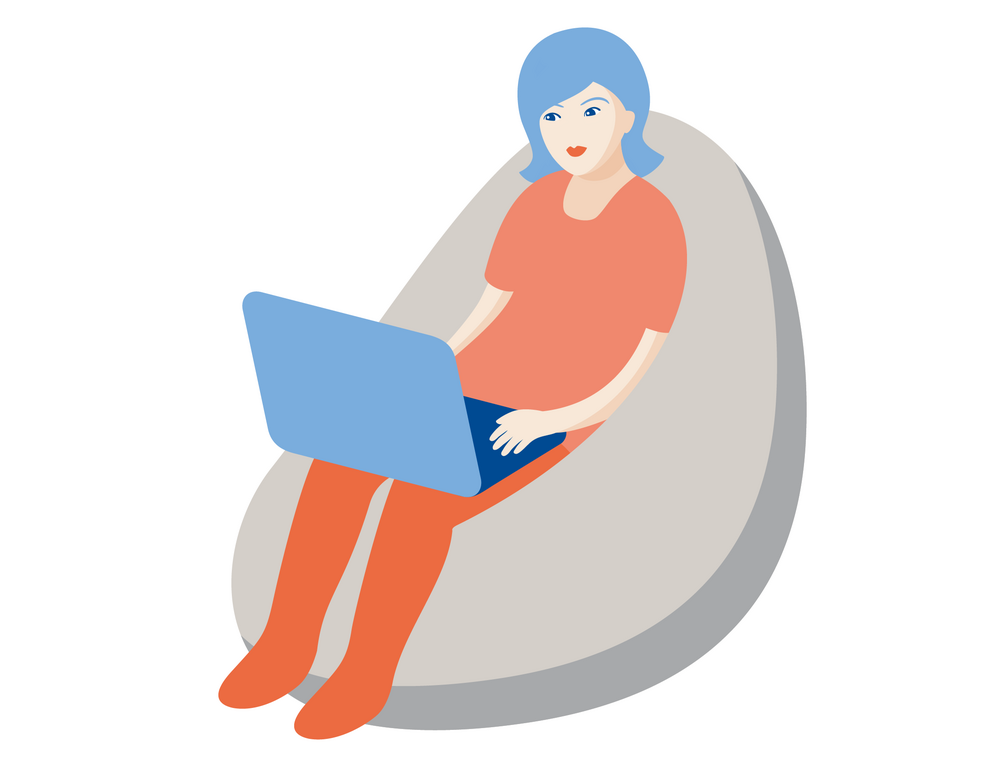 Illustrasjon av kvinne sittende i saccosekk med laptop.