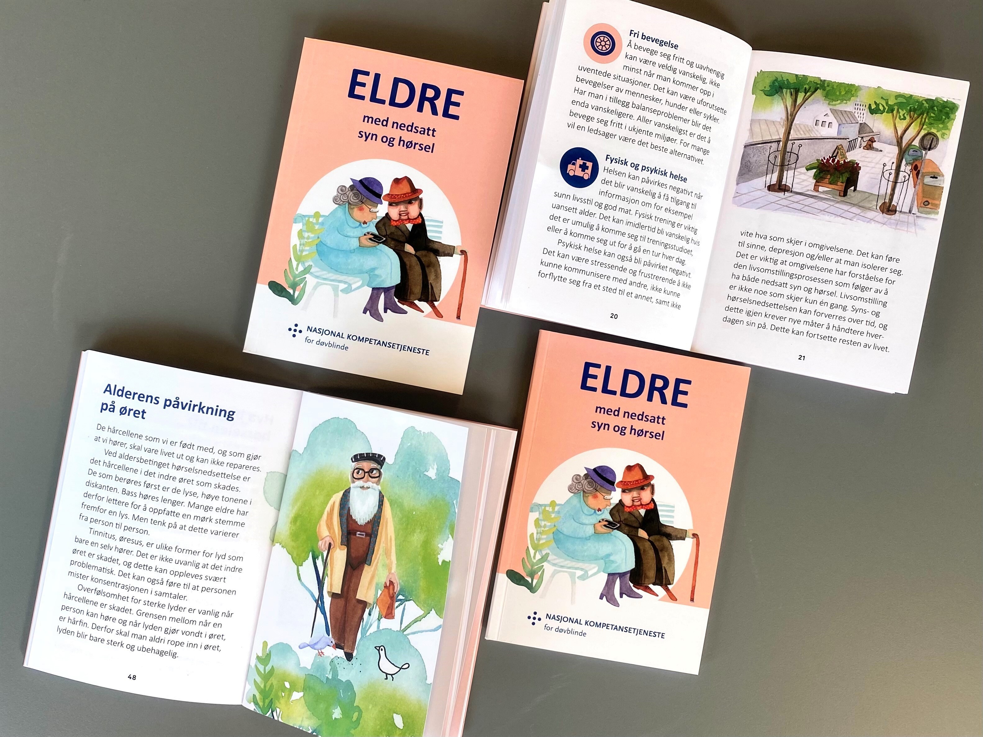 Bilder av eldreboka Eldre med nedsatt syn og hørsel, fire eksemplarer.
