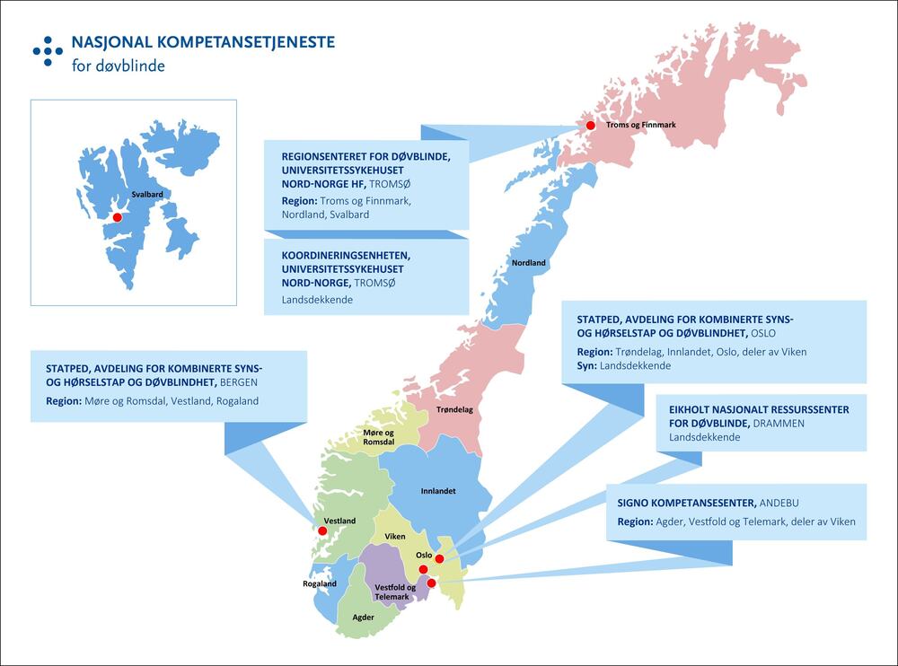 Grafisk illustrasjon: Norgeskart over tjenesten, enheter og regioner.
