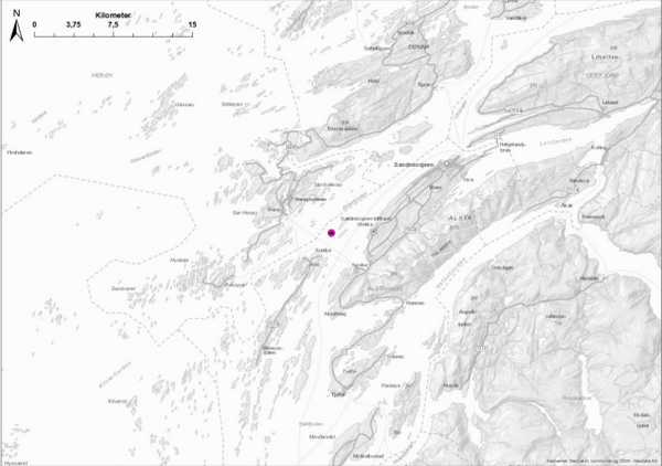 Kartutsnitt der omsøkt lokalitet er markert med rosa prikk