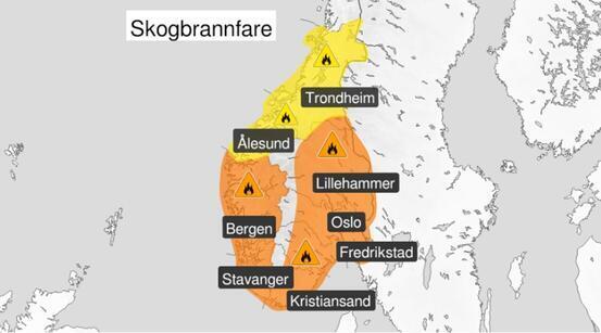 Kart som syner stor skogbrannfare