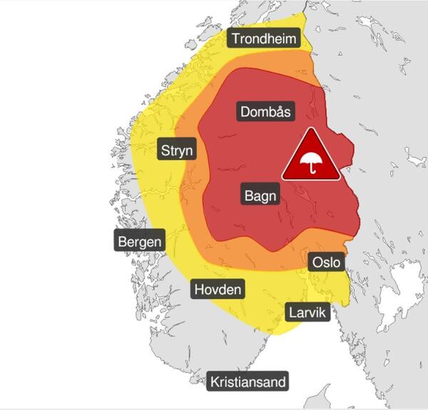 Kart over farevarselet som syner at Indre Sogn og Lærdal hovudsakleg ligg i det oransje området. Kart: Varsom.no