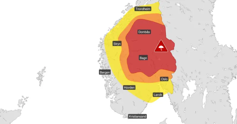 Kart over Sør-Norge med rød farevarsel