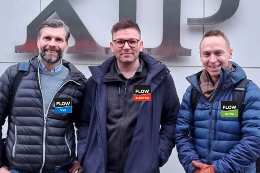 re fornøyde karer som representerer hvert sitt FLOW-selskap i avtalen med KLP Eiendom. Fra venstre, salgs -og markedsansvarlig Joakim Arnesen, FLOW Meisingset VVS, Johan Edlund, daglig leder i FLOW Elektro Oslo Vest, og Mathias Spolèn Erstad, daglig leder i FLOW Klima Oslo.