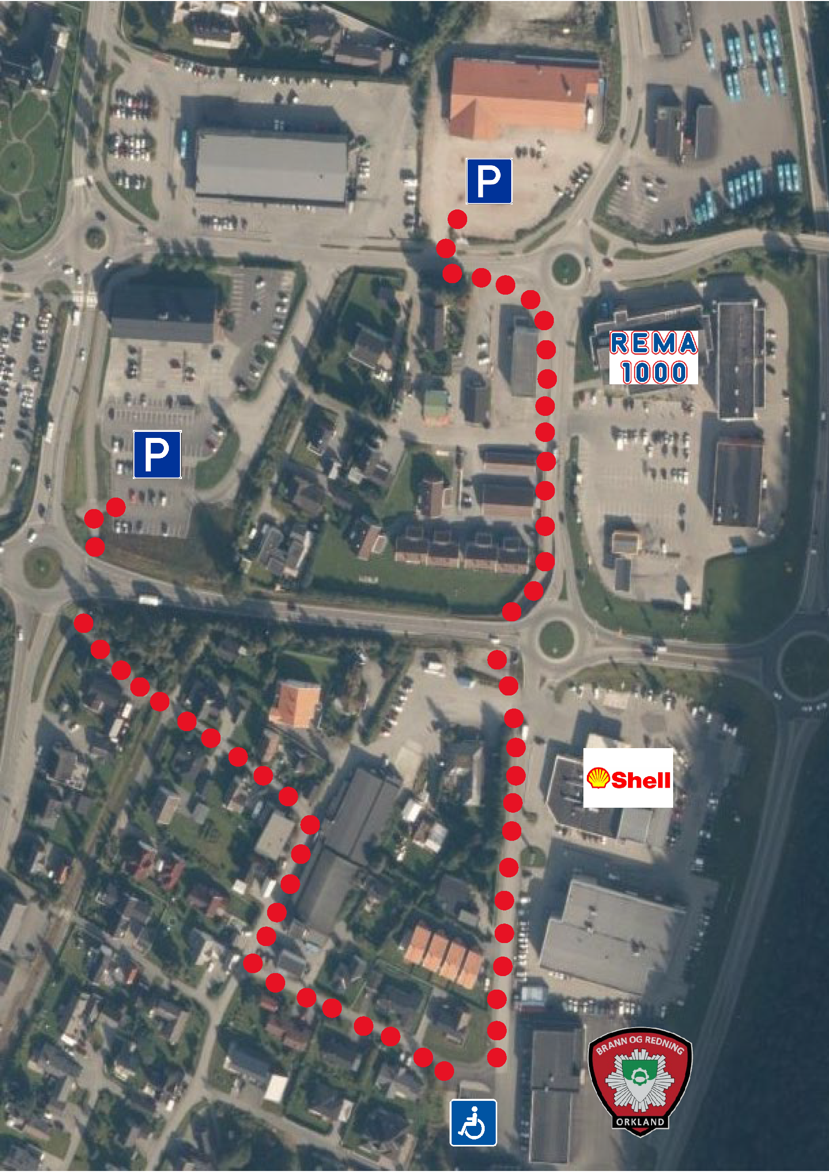 Kart som viser hvor brannstasjonen er og hvor det er parkeringsmuligheter.