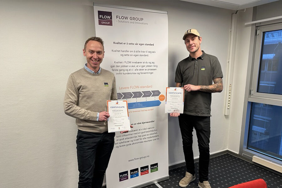 Daglig leder Mathias Spolén Erstad, og anleggsleder Patrik Pantzar i FLOW Klima Oslo AS, er stolte over at de nå kan fortelle markedet at de er ISO sertifiserte innenfor standardene ISO 9001 og 14001.
