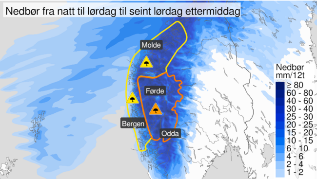 Nedbørskart for laurdag 16. desember. Skjermdump frå yr.no.