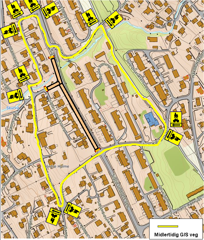 Kart over gang- og sykkelveg i Sigrid Undsets veg i anleggsperioden