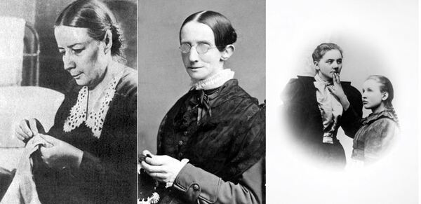 Tre svart hvitt bilder av tre kvinner satt sammen som fotomontasje.