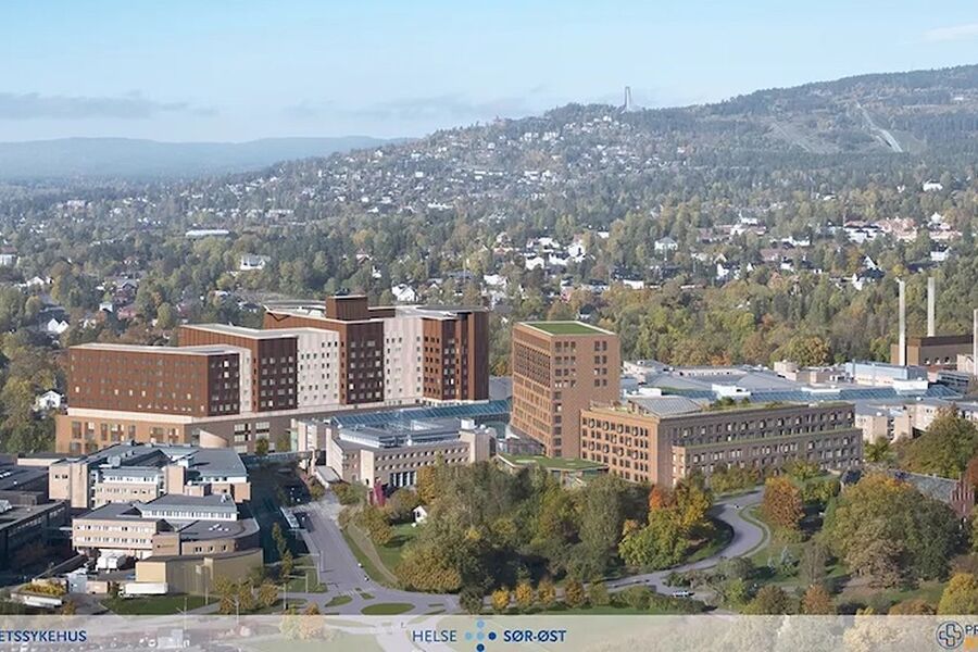 Nye Rikshospitalet fra fugleperspektiv. Illustrasjon: Prosjekteringsgruppen Nye Rikshospitalet.