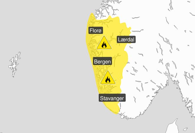 Det er no skogbrannfare for gult nivå i Vestland og Rogaland