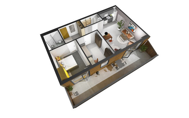 En 3D-tegning av planløsning av leilighet 302