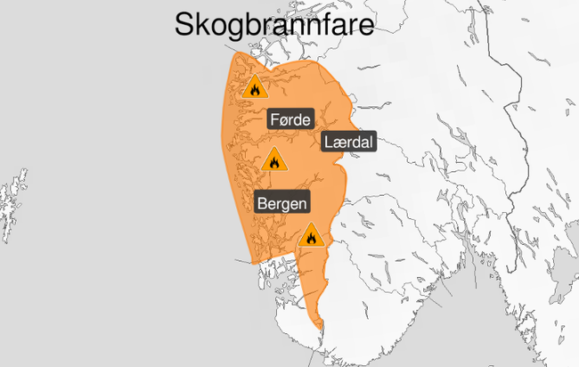 Kart som syner stor skogbrannfare. Skjermdump frå yr.no.