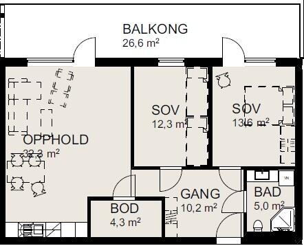 Planløsning 2 soverom, uten vaskerom