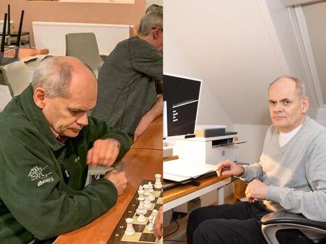 To bilder satt sammen ved siden av hverandre. Bilde til venstre viser en mann som spiller sjakk og det høyre bildet viser samme mann sittende foran en datamaskin.