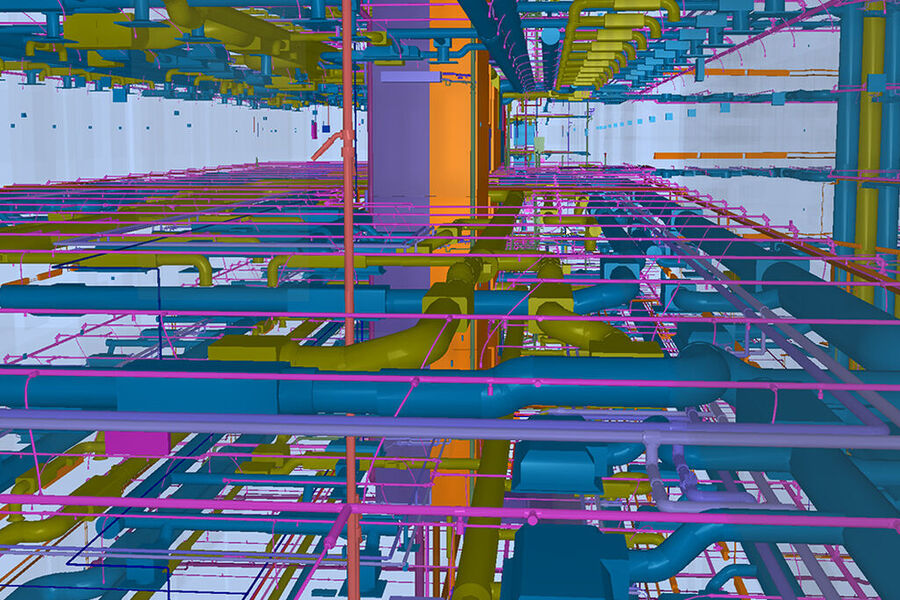 Illustrasjonen viser VVS teknisk infrastruktur i et kontorbygg fra et av Norconsult pågående prosjekterer.