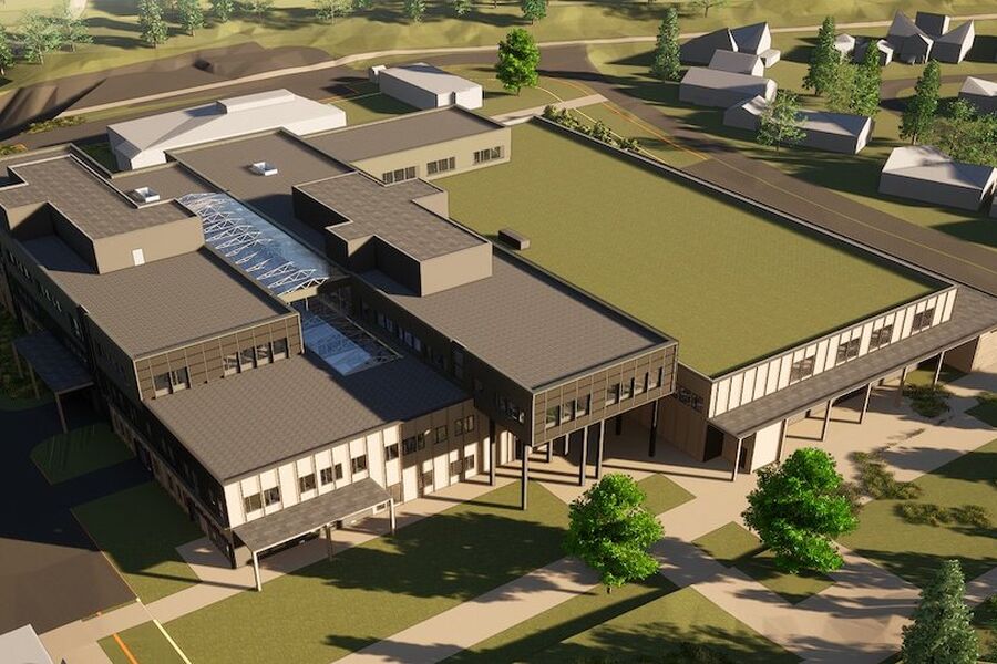 Illustrasjon av nye Mosjøen videregående skole, fra nord. Foto: Asplan Viak.