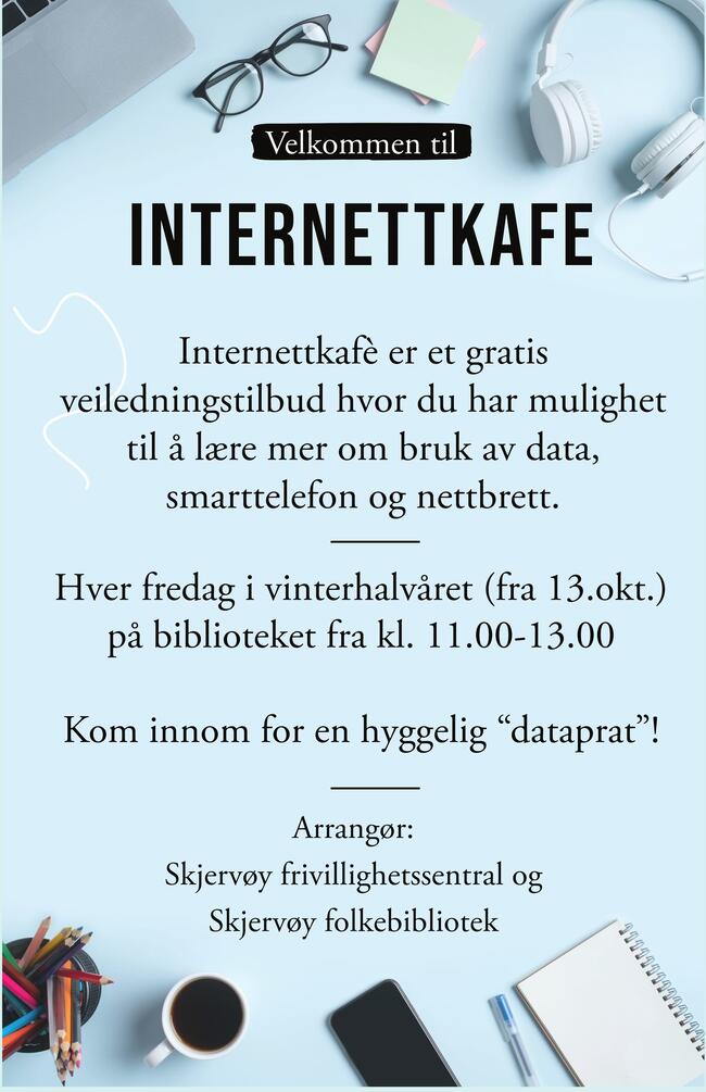 Plakat med teksten i artikkelen, samt illustrasjoner av kafé og digitale produkter.