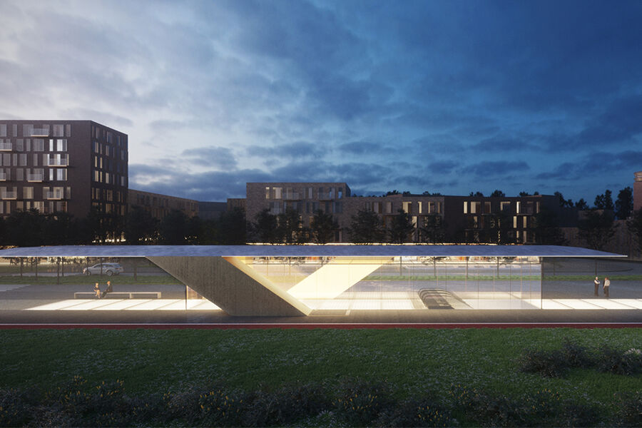 Flytårnet stasjon. Illustrasjon: Mestres Wåge Arkitekter/Mestres Wåge Arquitects SLP/ImagoAtelier de Arquitectura og José Gigante.