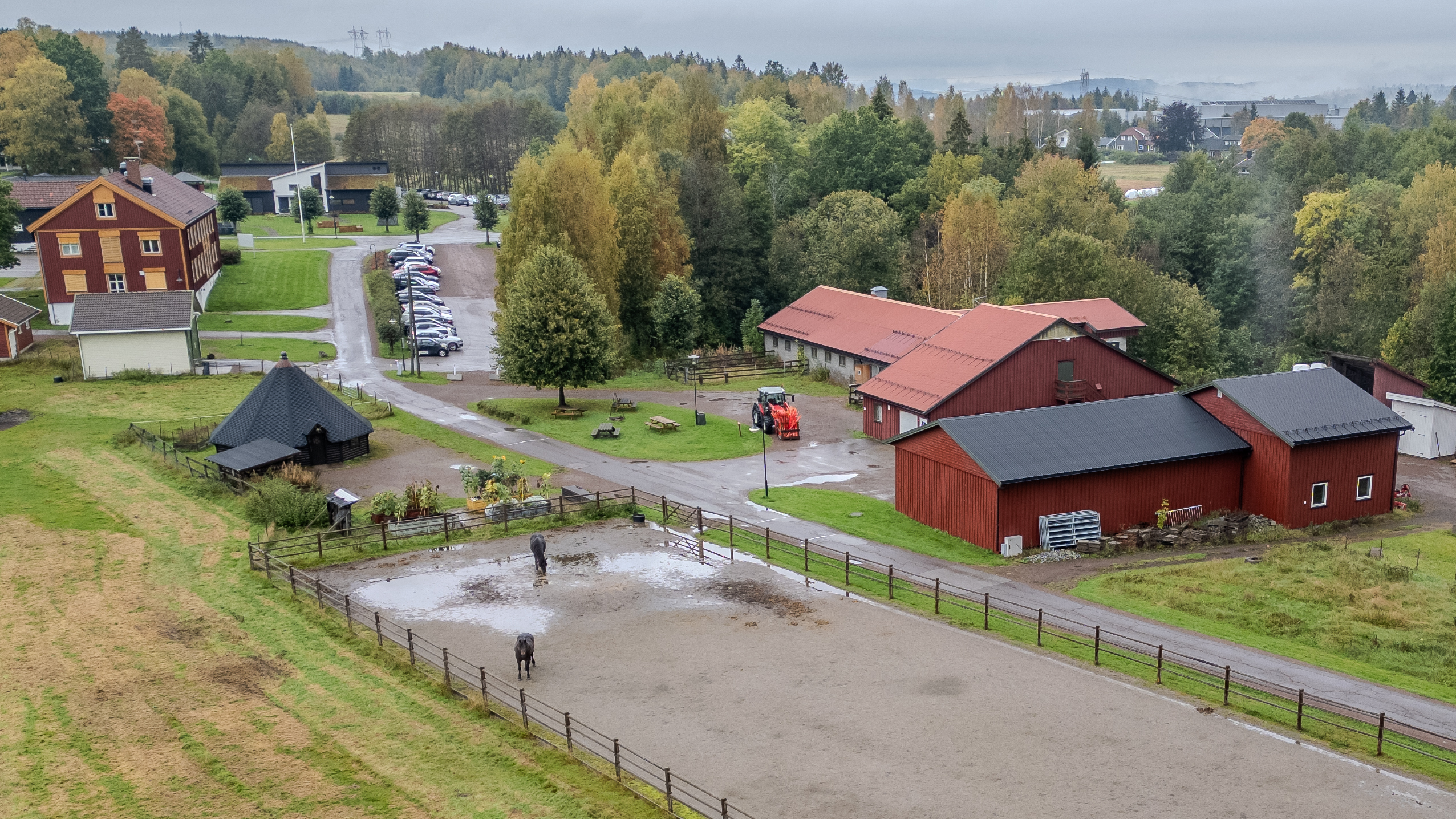 Dronebilde av stall, traktor og to hester i en innhengning. Flere bygninger i bakgrunnen.