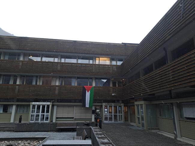 Palestina sitt flagg på Lærdal rådhus.