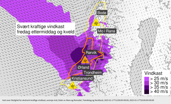 Meteorologisk Institutt melder om mulighet for ekstremt kraftige vindkast på kysten av Helgeland, sør for Sandnessjøen fredag 17. januar.