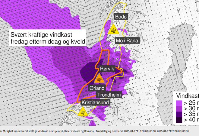 Meteorologisk Institutt melder om mulighet for ekstremt kraftige vindkast på kysten av Helgeland, sør for Sandnessjøen fredag 17. januar.