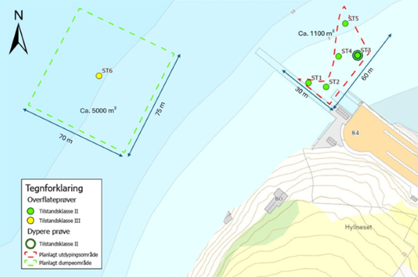 utsnitt av kart fra søknad som viser det planlagte mudre- og dumpe-området i sjø med resultater fra miljøundersøkelser
