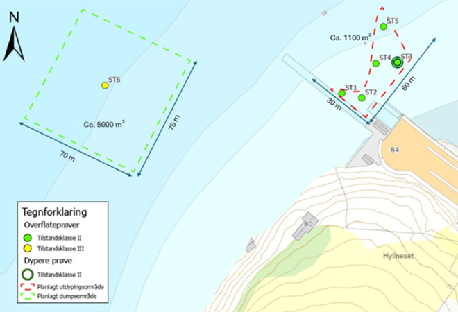 utsnitt av kart fra søknad som viser det planlagte mudre- og dumpe-området i sjø med resultater fra miljøundersøkelser