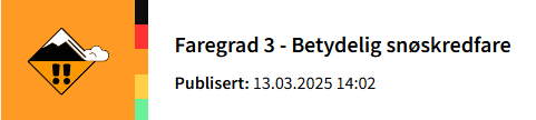 Illustrasjon fra www.varsom.no som viser varsel om faregrad 3 for snøskred på Helgeland