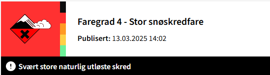 Illustrasjon fra varsom.no som viser faregrad 4 - Stor snøskredfare - på Helgeland lørdag 15. mars