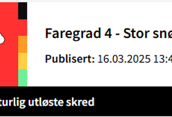 Illustrasjon fra varsom.no som viser at det er faregrad 4 for snøskred på Helgeland